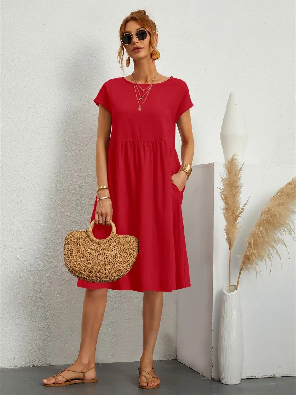 Moda - O-Neck Casual Loose Fit Dress