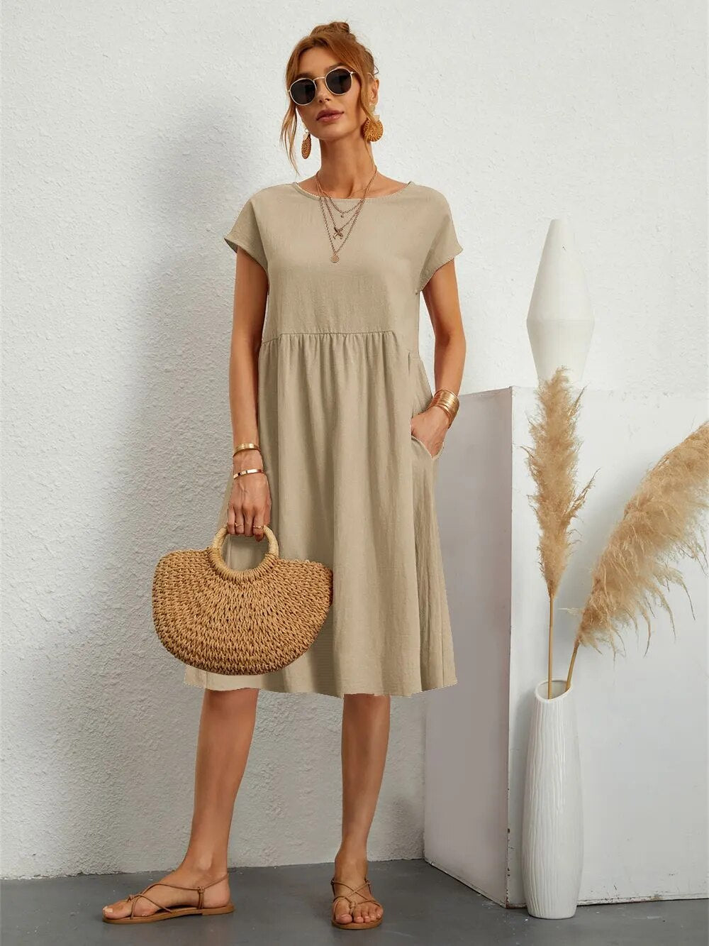 Moda - O-Neck Casual Loose Fit Dress